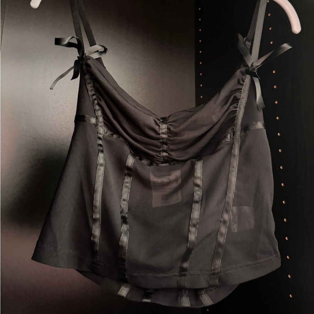 cute sheer mesh black tank top with bow ribbon detailing on straps
